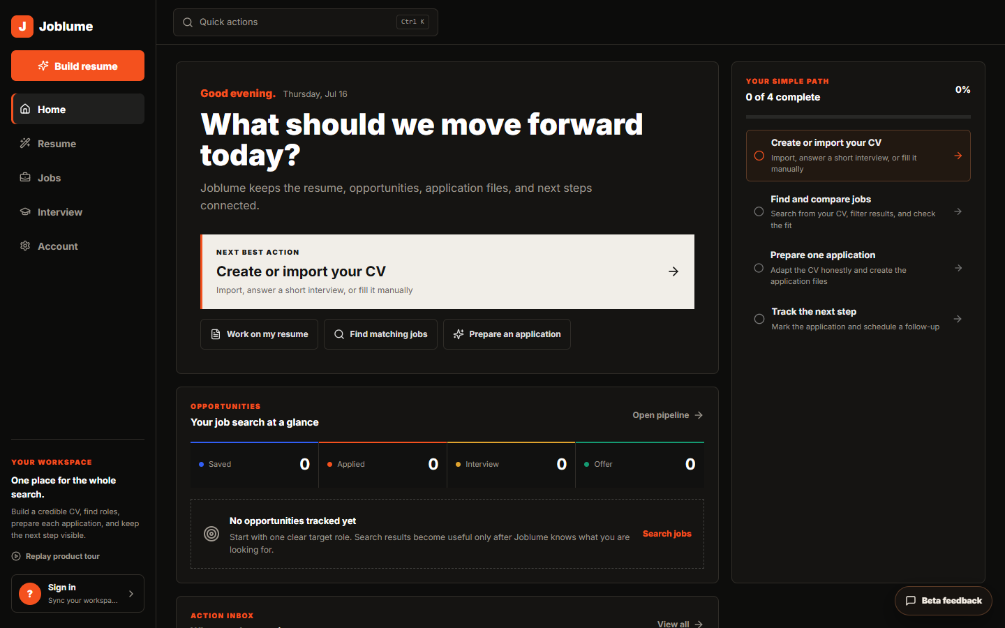 Aplly home showing the next action, opportunities, and application progress